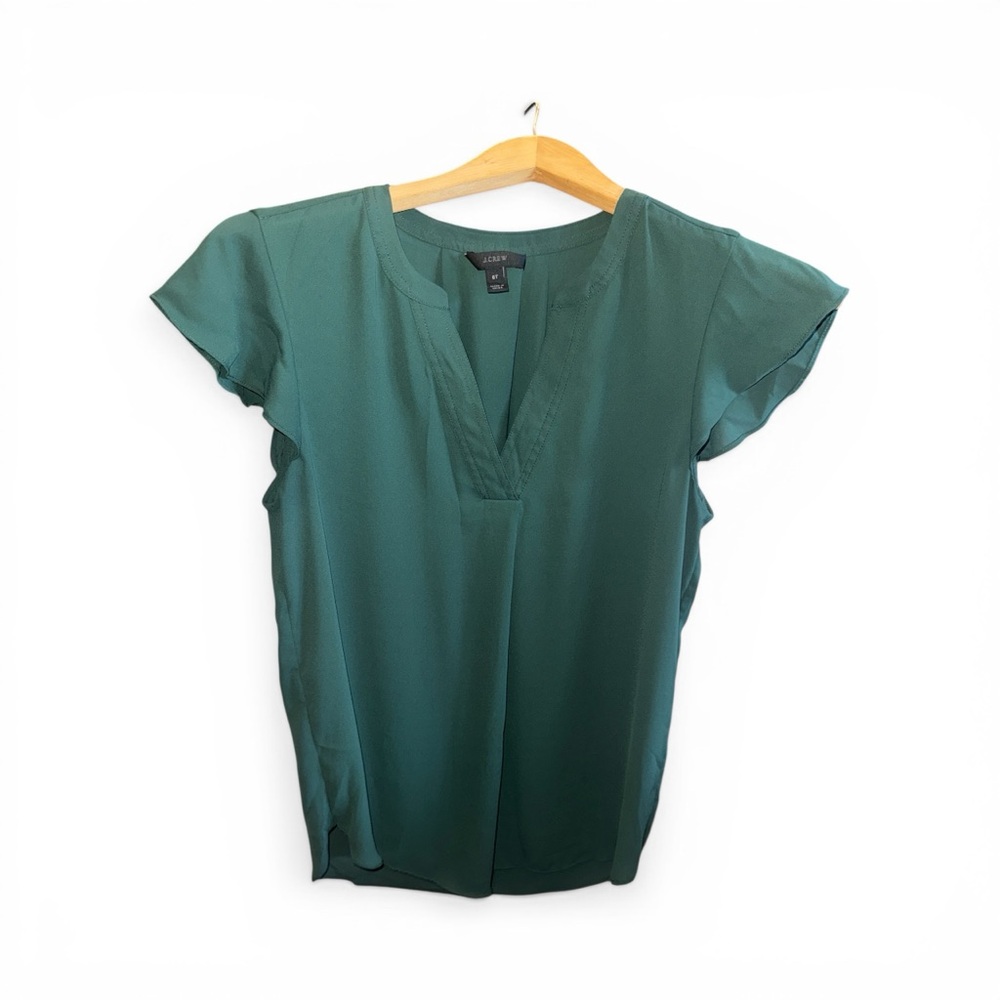 J. Crew Forest Green Split-Neck Flutter Sleeve Blouse Women’s Size 6 Preppy Work